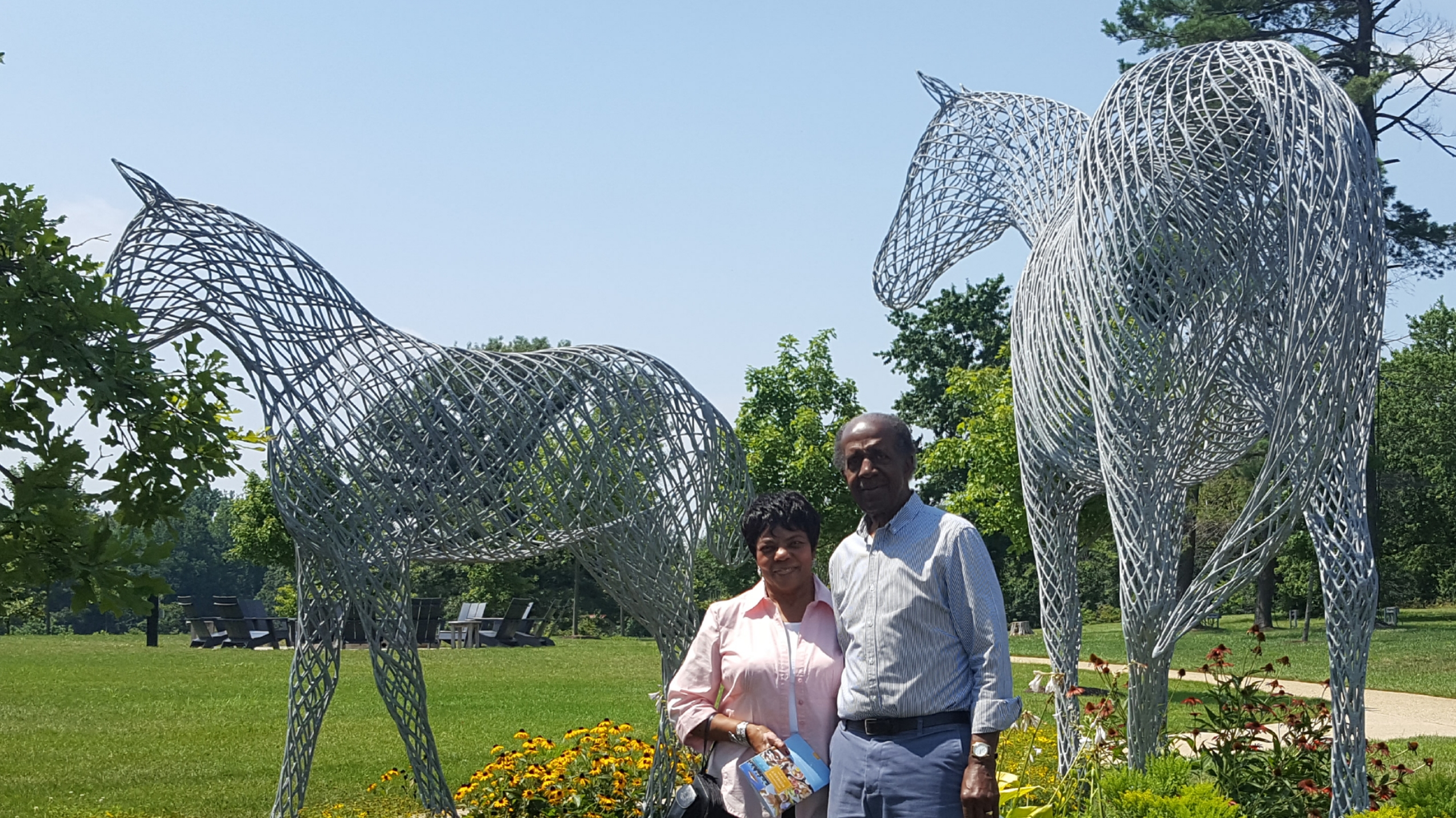 Don and Betty with the wire horses at Salamander Resorts (Middleburg VA) owned by Sheila Jonhson, former co-ower of BET